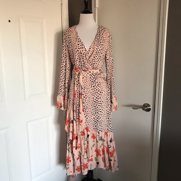Dark pink wrap midi dress in mixed print Clearance